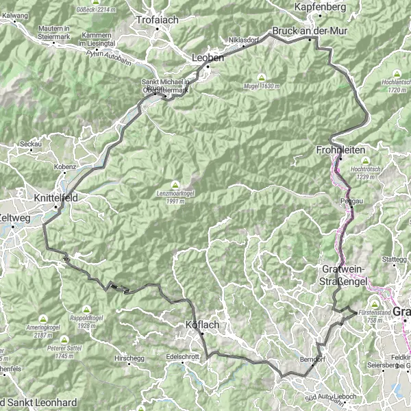 Miniatua del mapa de inspiración ciclista "Recorrido en Carretera por Ruinas y Pueblos Pintorescos" en Steiermark, Austria. Generado por Tarmacs.app planificador de rutas ciclistas