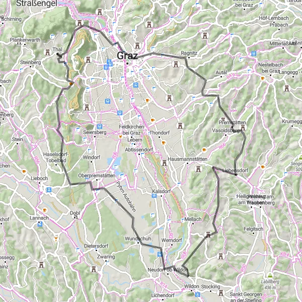 Zemljevid v pomanjšavi "Raziščite čare regije ob Grazer Blick" kolesarske inspiracije v Steiermark, Austria. Generirano z načrtovalcem kolesarskih poti Tarmacs.app
