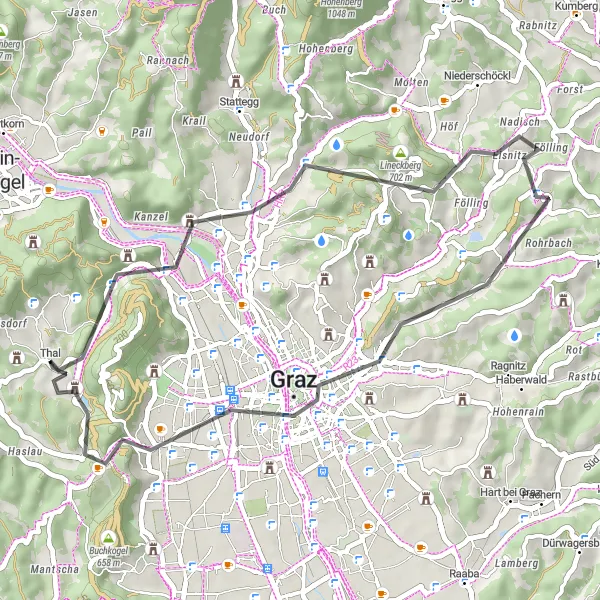 Kartminiatyr av "Kortare cykeltur till historiska platser" cykelinspiration i Steiermark, Austria. Genererad av Tarmacs.app cykelruttplanerare