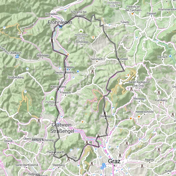 Miniatura della mappa di ispirazione al ciclismo "La sfida del Gratwein" nella regione di Steiermark, Austria. Generata da Tarmacs.app, pianificatore di rotte ciclistiche