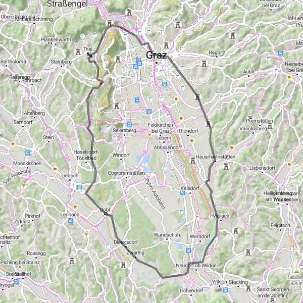 Miniature de la carte de l'inspiration cycliste "Tour Schlossberg" dans la Steiermark, Austria. Générée par le planificateur d'itinéraire cycliste Tarmacs.app