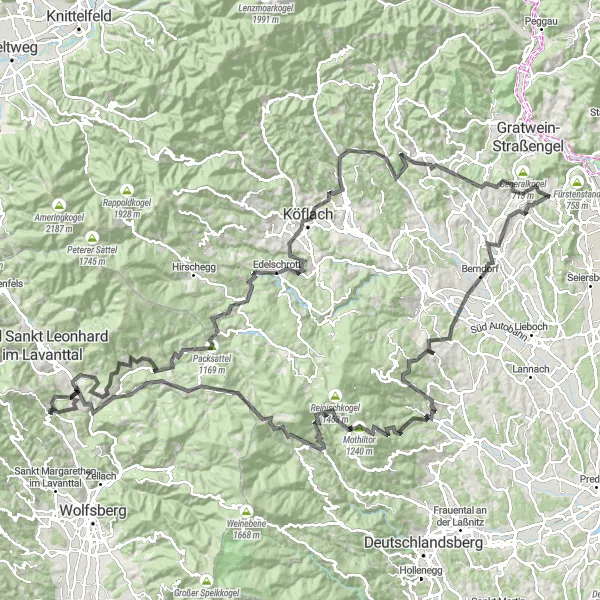 Karttaminiaatyyri "Thal - Köflach Route" pyöräilyinspiraatiosta alueella Steiermark, Austria. Luotu Tarmacs.app pyöräilyreittisuunnittelijalla