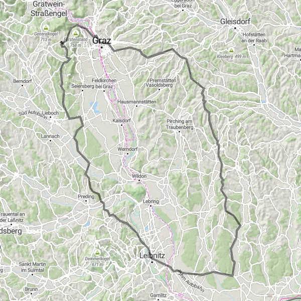 Miniaturekort af cykelinspirationen "Vejcykeltur gennem Graz-regionen" i Steiermark, Austria. Genereret af Tarmacs.app cykelruteplanlægger