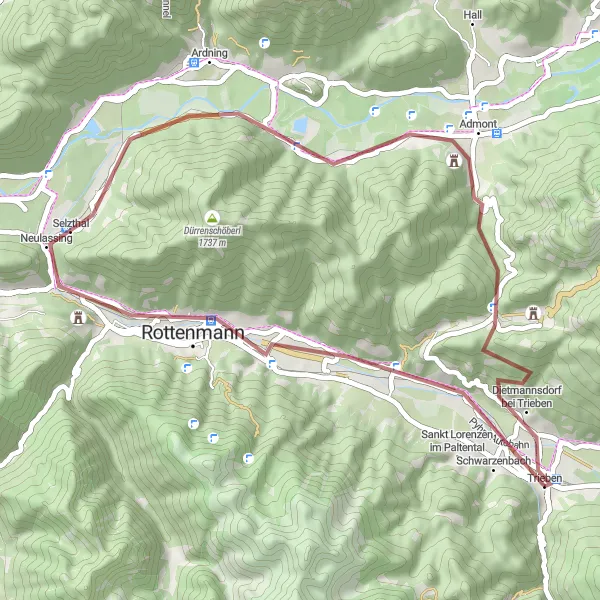 Miniatua del mapa de inspiración ciclista "Trieben - Dietmannsdorf bei Trieben Ort" en Steiermark, Austria. Generado por Tarmacs.app planificador de rutas ciclistas