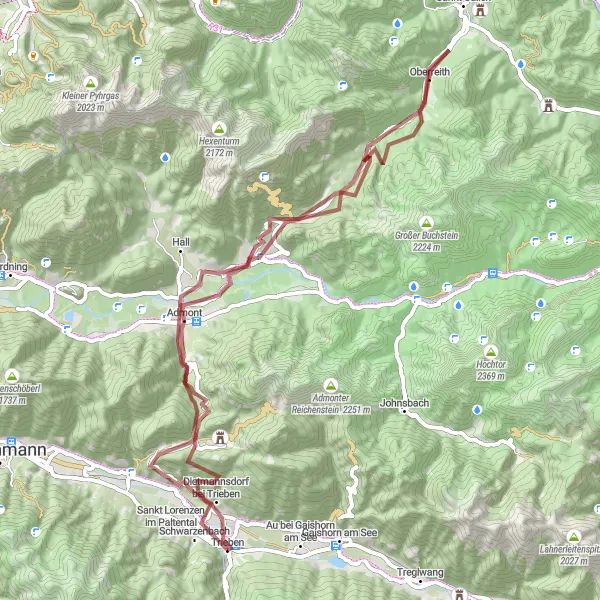 Karttaminiaatyyri "Buchauer Sattel ja Säbästein" pyöräilyinspiraatiosta alueella Steiermark, Austria. Luotu Tarmacs.app pyöräilyreittisuunnittelijalla