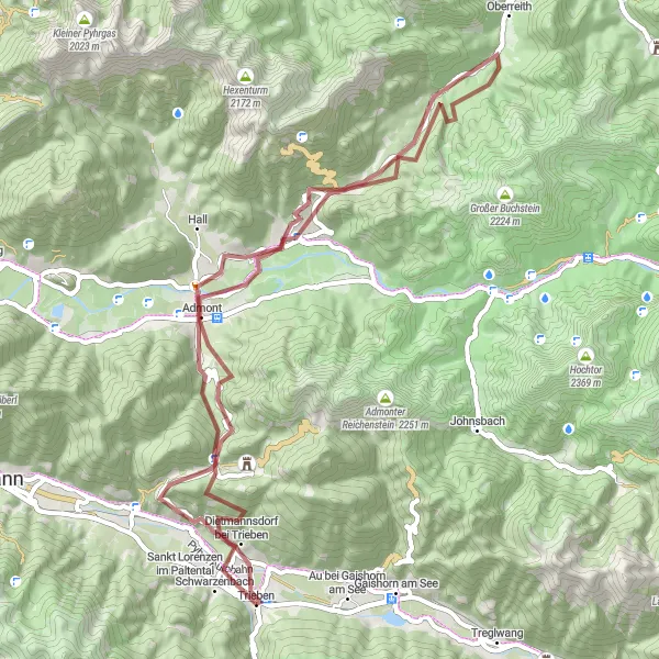 Zemljevid v pomanjšavi "Raziskovanje narave okoli Triebna" kolesarske inspiracije v Steiermark, Austria. Generirano z načrtovalcem kolesarskih poti Tarmacs.app