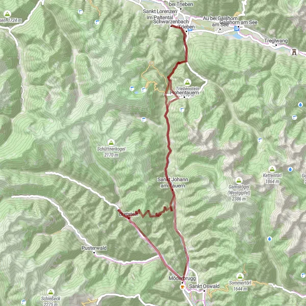 Zemljevid v pomanjšavi "Uživaška kolesarska tura po neokrnjeni naravi blizu mesta Trieben" kolesarske inspiracije v Steiermark, Austria. Generirano z načrtovalcem kolesarskih poti Tarmacs.app