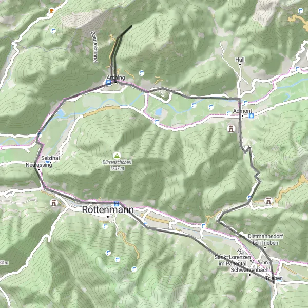 Miniaturní mapa "Trasa kolem Rottenmannu a Admontu" inspirace pro cyklisty v oblasti Steiermark, Austria. Vytvořeno pomocí plánovače tras Tarmacs.app