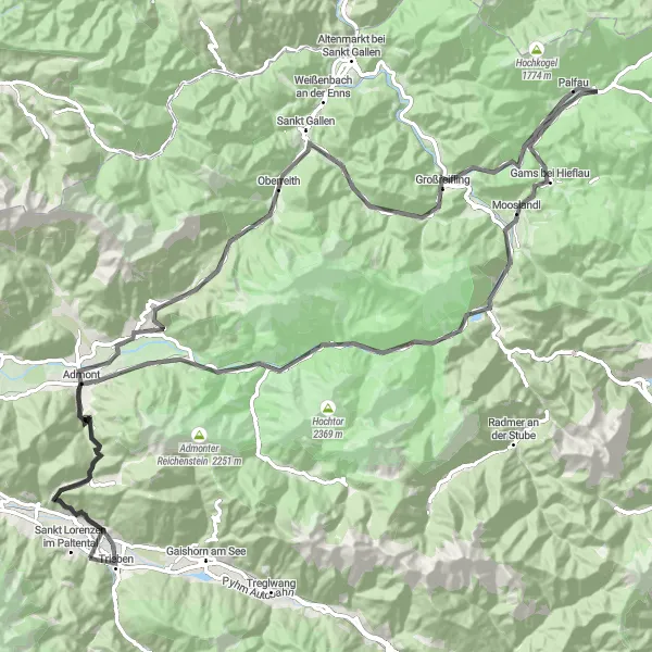 Miniaturní mapa "Silniční cyklotrasa Toneck - Trieben" inspirace pro cyklisty v oblasti Steiermark, Austria. Vytvořeno pomocí plánovače tras Tarmacs.app