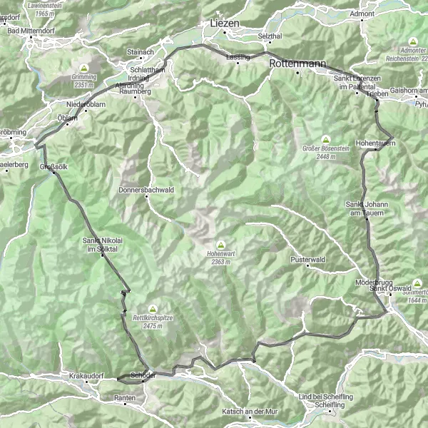 Miniatura della mappa di ispirazione al ciclismo "Giro in bicicletta attraverso Trieben" nella regione di Steiermark, Austria. Generata da Tarmacs.app, pianificatore di rotte ciclistiche