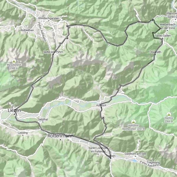 Miniature de la carte de l'inspiration cycliste "Le Tour des Montagnes en Route" dans la Steiermark, Austria. Générée par le planificateur d'itinéraire cycliste Tarmacs.app