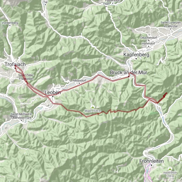 Miniatura della mappa di ispirazione al ciclismo "Tour Ciclistico Gravel tra Donawitz e Leoben" nella regione di Steiermark, Austria. Generata da Tarmacs.app, pianificatore di rotte ciclistiche