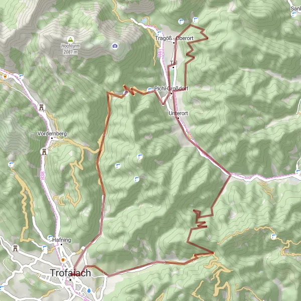 Miniaturekort af cykelinspirationen "Grusvej cykelrute til Trofaiach" i Steiermark, Austria. Genereret af Tarmacs.app cykelruteplanlægger