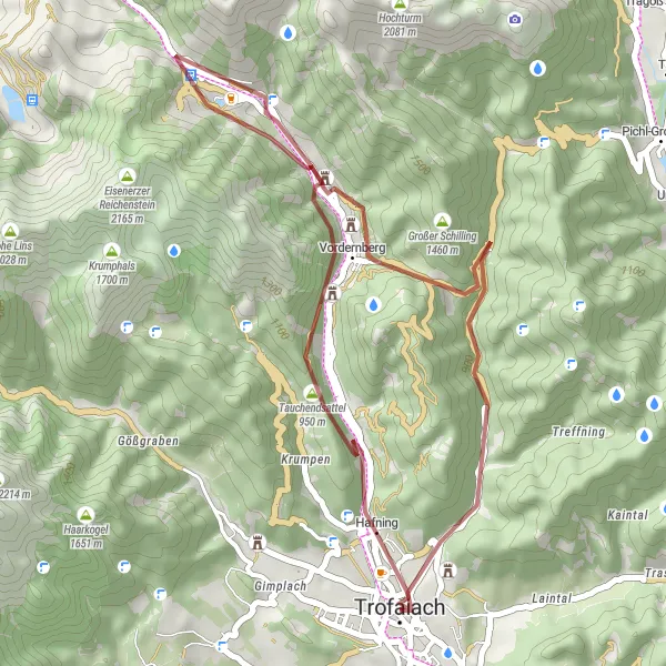 Miniaturní mapa "Cyklotrasa do přírody z Trofaiach" inspirace pro cyklisty v oblasti Steiermark, Austria. Vytvořeno pomocí plánovače tras Tarmacs.app