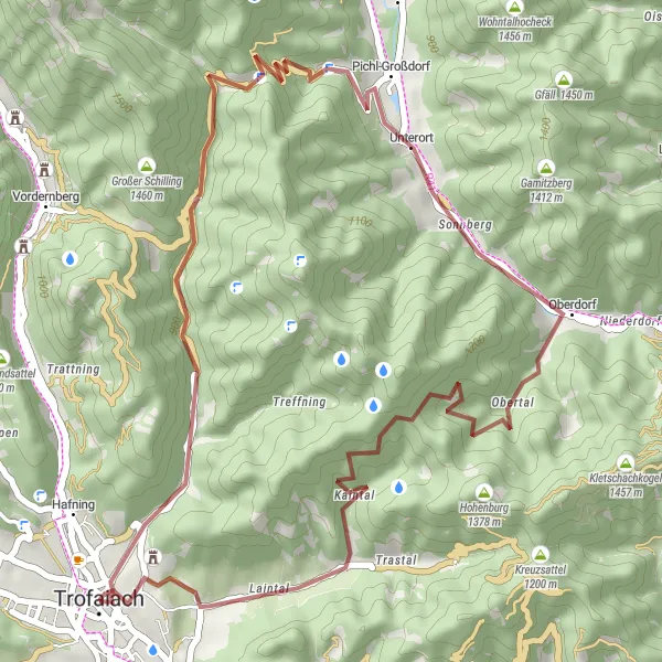 Miniatua del mapa de inspiración ciclista "Otra Ruta de Grava alrededor de Trofaiach" en Steiermark, Austria. Generado por Tarmacs.app planificador de rutas ciclistas