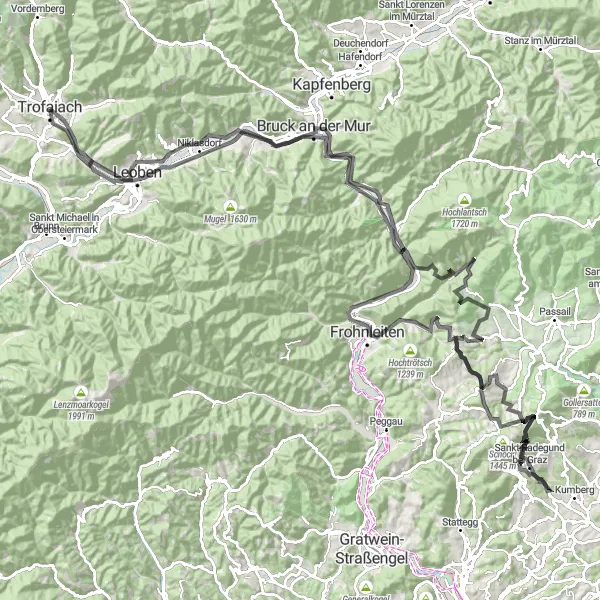 Miniatua del mapa de inspiración ciclista "Ruta de ciclismo en carretera Trofaiach - Graz - Trofaiach" en Steiermark, Austria. Generado por Tarmacs.app planificador de rutas ciclistas