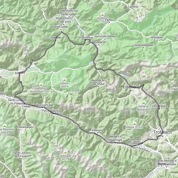 Karttaminiaatyyri "Tiepyöräilyreitti Kammern im Liesingtalista" pyöräilyinspiraatiosta alueella Steiermark, Austria. Luotu Tarmacs.app pyöräilyreittisuunnittelijalla