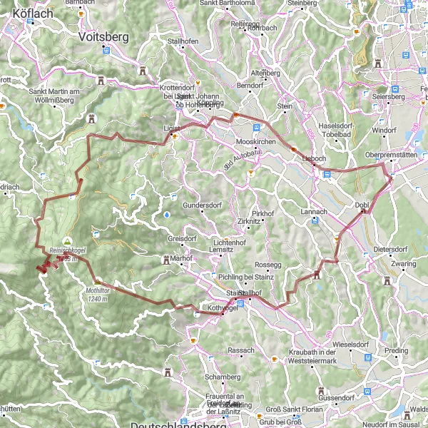 Miniaturní mapa "Gravelový okruh kolem Stainzu" inspirace pro cyklisty v oblasti Steiermark, Austria. Vytvořeno pomocí plánovače tras Tarmacs.app