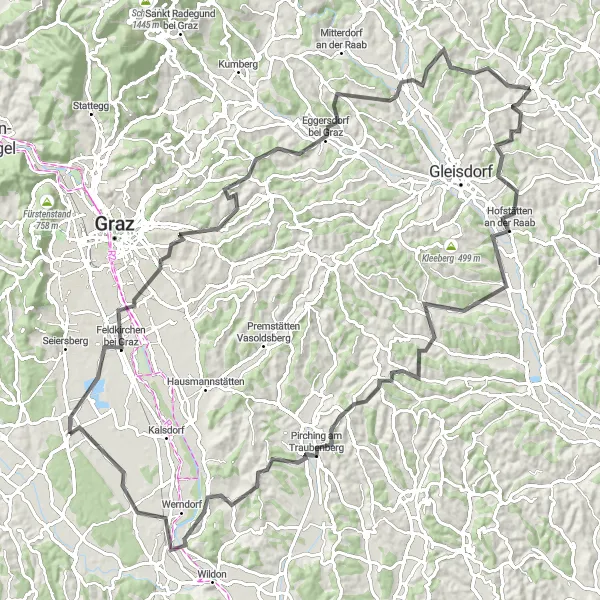 Mapa miniatúra "Okruh okolo Raab" cyklistická inšpirácia v Steiermark, Austria. Vygenerované cyklistickým plánovačom trás Tarmacs.app