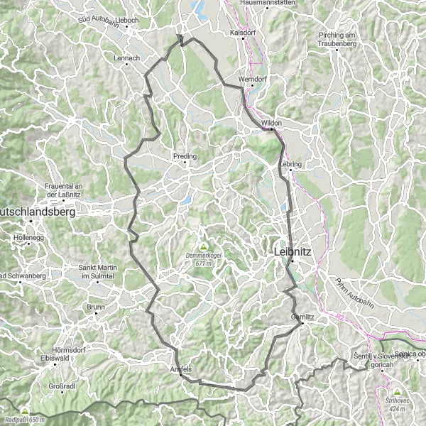 Miniature de la carte de l'inspiration cycliste "Parcours des Vignobles de Styrie" dans la Steiermark, Austria. Générée par le planificateur d'itinéraire cycliste Tarmacs.app