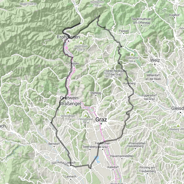 Miniatura mapy "Wyprawa wokół Unterpremstätten (Steiermark) na rowerze szosowym" - trasy rowerowej w Steiermark, Austria. Wygenerowane przez planer tras rowerowych Tarmacs.app