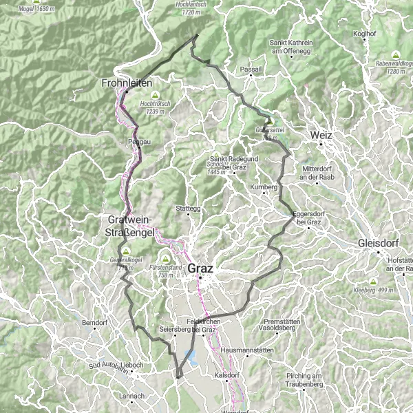 Miniaturekort af cykelinspirationen "Mountain Challenge" i Steiermark, Austria. Genereret af Tarmacs.app cykelruteplanlægger