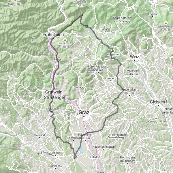 Miniaturní mapa "Kolařský okruh k Pirce" inspirace pro cyklisty v oblasti Steiermark, Austria. Vytvořeno pomocí plánovače tras Tarmacs.app