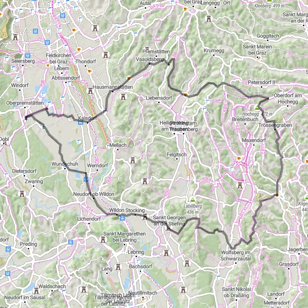 Map miniature of "Unterpremstätten Loop" cycling inspiration in Steiermark, Austria. Generated by Tarmacs.app cycling route planner