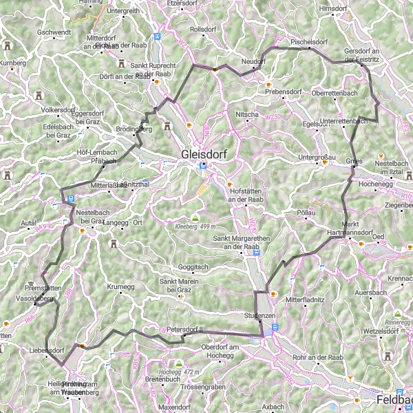 Miniatua del mapa de inspiración ciclista "Ruta de las Montañas y Pueblos" en Steiermark, Austria. Generado por Tarmacs.app planificador de rutas ciclistas