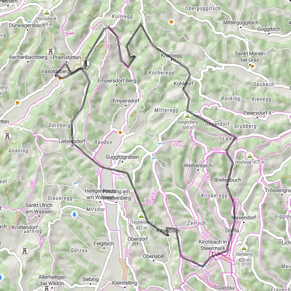 Miniaturní mapa "Poutavé okružní cyklistické trasy ve Steiermarku" inspirace pro cyklisty v oblasti Steiermark, Austria. Vytvořeno pomocí plánovače tras Tarmacs.app