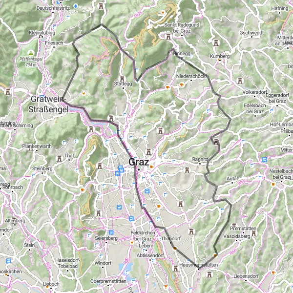 Miniature de la carte de l'inspiration cycliste "Trésors de Graz" dans la Steiermark, Austria. Générée par le planificateur d'itinéraire cycliste Tarmacs.app