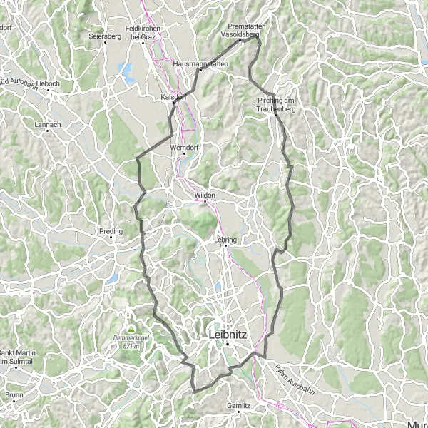 Miniatua del mapa de inspiración ciclista "Recorrido escénico de 85 km hacia Aflenzer Kogel desde Vasoldsberg" en Steiermark, Austria. Generado por Tarmacs.app planificador de rutas ciclistas