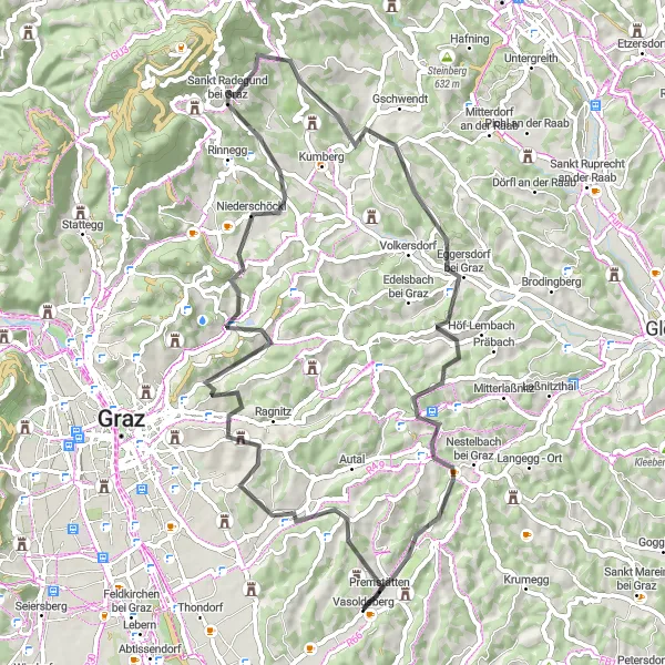 Zemljevid v pomanjšavi "Raziskovanje manj znanih kotičkov Graške pokrajine" kolesarske inspiracije v Steiermark, Austria. Generirano z načrtovalcem kolesarskih poti Tarmacs.app