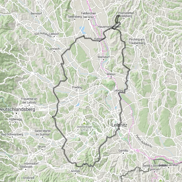 Miniatura della mappa di ispirazione al ciclismo "Wine & Nature Fusion" nella regione di Steiermark, Austria. Generata da Tarmacs.app, pianificatore di rotte ciclistiche