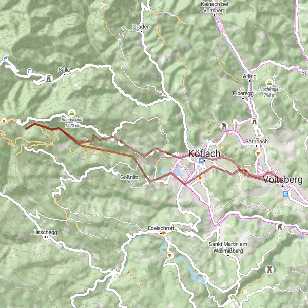 Miniatua del mapa de inspiración ciclista "Ruta Gravel por Voitsberg y Kainachtal" en Steiermark, Austria. Generado por Tarmacs.app planificador de rutas ciclistas