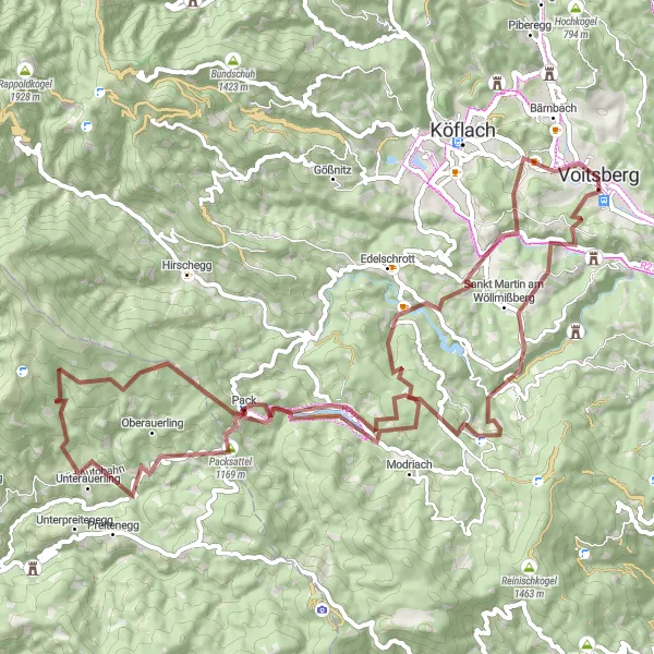 Mapa miniatúra "Okruhová cyklistická trasa Voitsberg - Sankt Martin am Wöllmißberg - Laudonkogel - Pack - Unterauerling - Packsattel - Jurikogel - Voitsberg" cyklistická inšpirácia v Steiermark, Austria. Vygenerované cyklistickým plánovačom trás Tarmacs.app