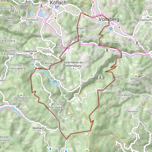 Karttaminiaatyyri "Metsäiset polut ja maaseutumaisemat" pyöräilyinspiraatiosta alueella Steiermark, Austria. Luotu Tarmacs.app pyöräilyreittisuunnittelijalla