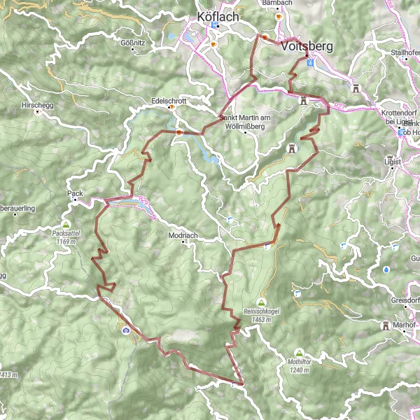 Kartminiatyr av "Lang sykkelrute rundt Voitsberg" sykkelinspirasjon i Steiermark, Austria. Generert av Tarmacs.app sykkelrutoplanlegger