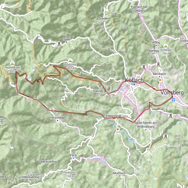 Miniatua del mapa de inspiración ciclista "Ruta de ciclismo de grava a Maria Lankowitz" en Steiermark, Austria. Generado por Tarmacs.app planificador de rutas ciclistas