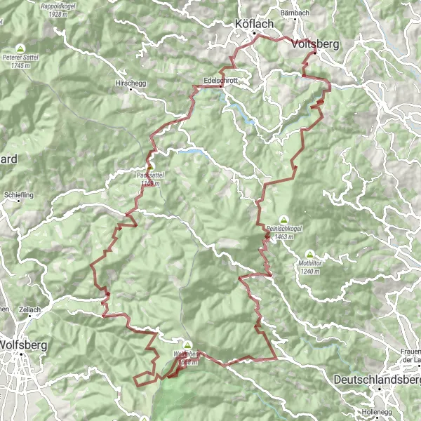 Karttaminiaatyyri "Voitsberg - Krugkogel Gravel Adventure" pyöräilyinspiraatiosta alueella Steiermark, Austria. Luotu Tarmacs.app pyöräilyreittisuunnittelijalla