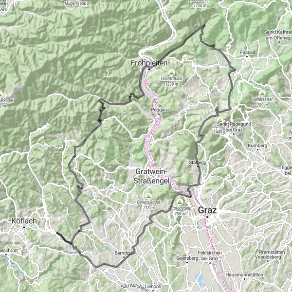 Miniatua del mapa de inspiración ciclista "Ruta de ciclismo por carretera a Schöckl" en Steiermark, Austria. Generado por Tarmacs.app planificador de rutas ciclistas