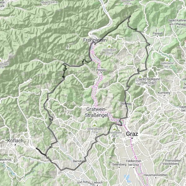 Miniatuurkaart van de fietsinspiratie "Wegroute naar Burgruine Obervoitsberg" in Steiermark, Austria. Gemaakt door de Tarmacs.app fietsrouteplanner