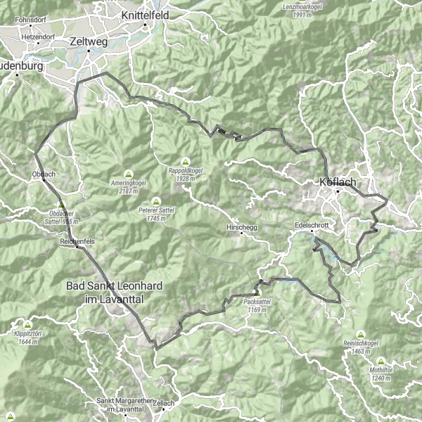Miniatua del mapa de inspiración ciclista "Ruta de carretera a Bad Sankt Leonhard" en Steiermark, Austria. Generado por Tarmacs.app planificador de rutas ciclistas