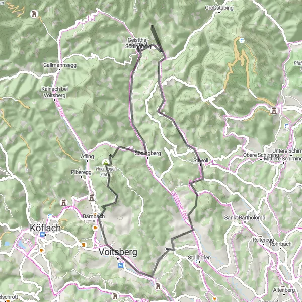 Kartminiatyr av "Bærnbach Rundtur" sykkelinspirasjon i Steiermark, Austria. Generert av Tarmacs.app sykkelrutoplanlegger