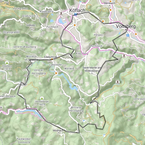 Kartminiatyr av "Eventyrlig Rundtur til Obervoitsberg" sykkelinspirasjon i Steiermark, Austria. Generert av Tarmacs.app sykkelrutoplanlegger