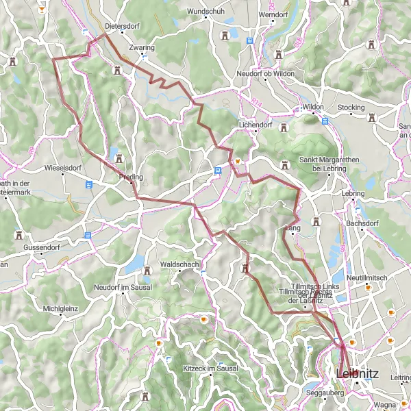 Mapa miniatúra "Gravelová cyklotrasa Tillmitsch - Kaindorf an der Sulm" cyklistická inšpirácia v Steiermark, Austria. Vygenerované cyklistickým plánovačom trás Tarmacs.app