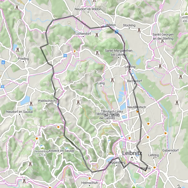 Kartminiatyr av "Eventyrlig sykkeltur i nærheten av Wagna" sykkelinspirasjon i Steiermark, Austria. Generert av Tarmacs.app sykkelrutoplanlegger
