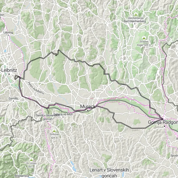 Miniatuurkaart van de fietsinspiratie "Wegrit van Wagna naar Sankt Nikolai ob Draßling en terug" in Steiermark, Austria. Gemaakt door de Tarmacs.app fietsrouteplanner