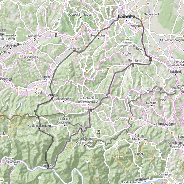 Miniature de la carte de l'inspiration cycliste "Challenge des Collines Styriennes" dans la Steiermark, Austria. Générée par le planificateur d'itinéraire cycliste Tarmacs.app