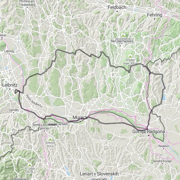 Zemljevid v pomanjšavi "Razgibana pot skozi Južno Štajersko" kolesarske inspiracije v Steiermark, Austria. Generirano z načrtovalcem kolesarskih poti Tarmacs.app